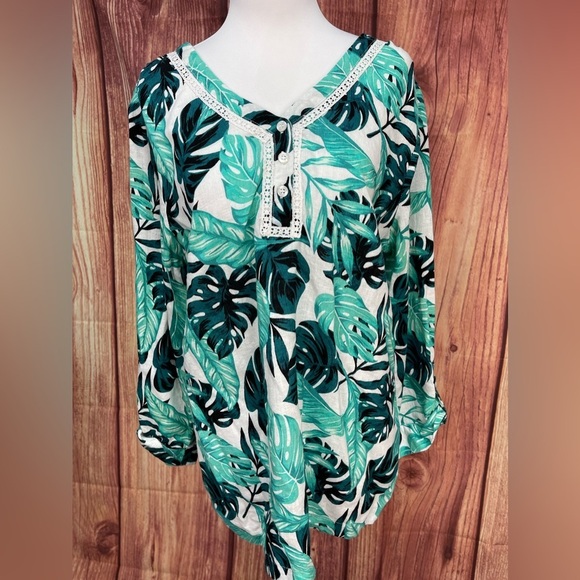 Coral Bay Tops - Coral Bay green teal white Monstera leaf print linen blend 3/4 sleeve blouse L